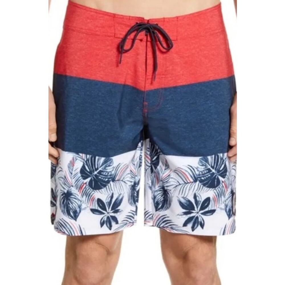 Travis Mathew Board Shorts Palm Tropical Colorblock Drawstring Red Blue Large